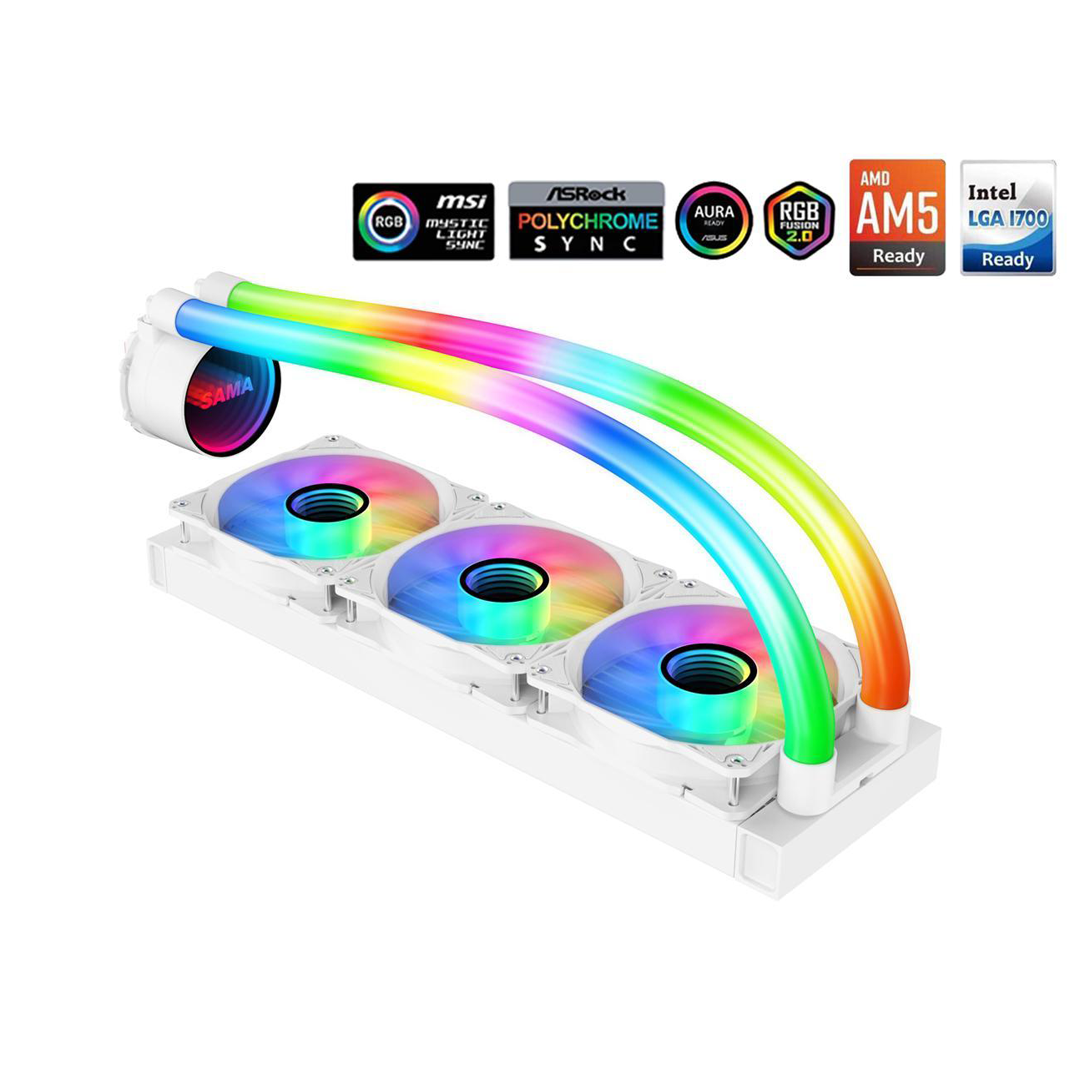 1 SAMA PS360 White AIO Liquid Cooler 360mm ARGB CPU Radiator with Infinity Mirror PWM Fans ARGB Effects Tube Water Cooler - الصورة 1