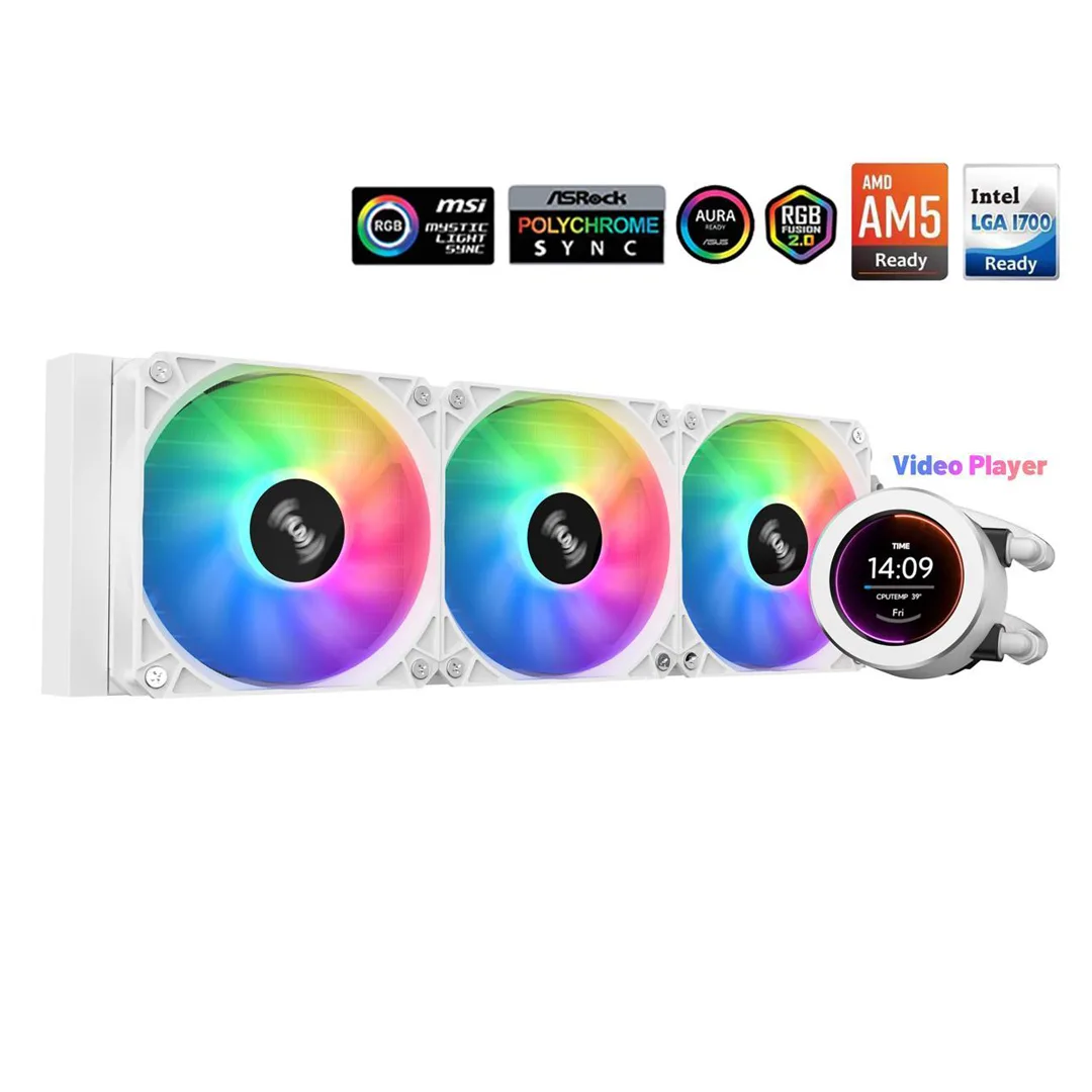 1 SAMA SM360 White liquid Cooler 360mm ARGB AIO Radiator LCD Video Temperature Display Screen - Image 1