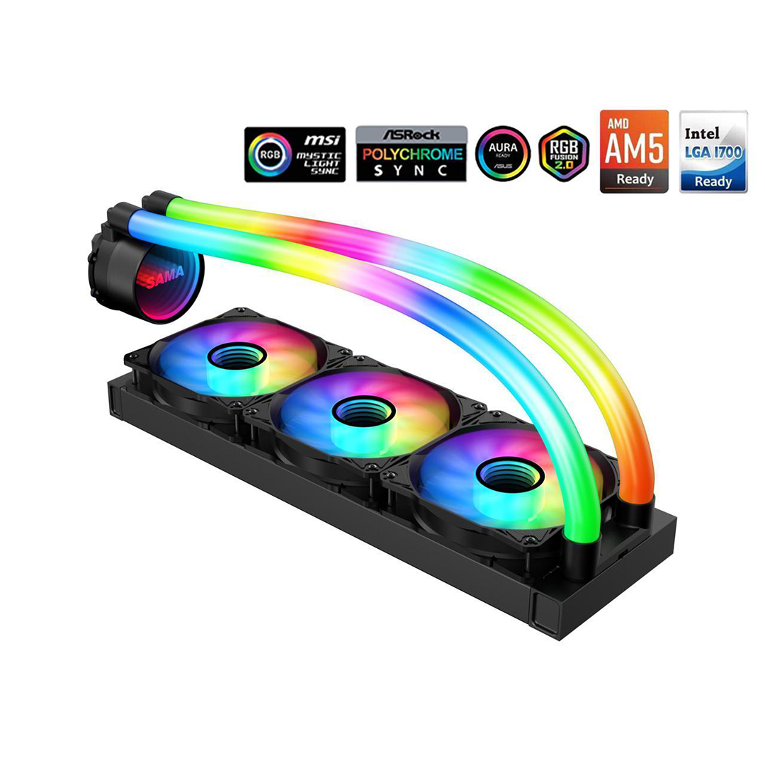 1 SAMA PS360 Black AIO Liquid Cooler 360mm ARGB CPU Radiator with Infinity Mirror PWM Fans ARGB Effects Tube Water Cooler - الصورة 1