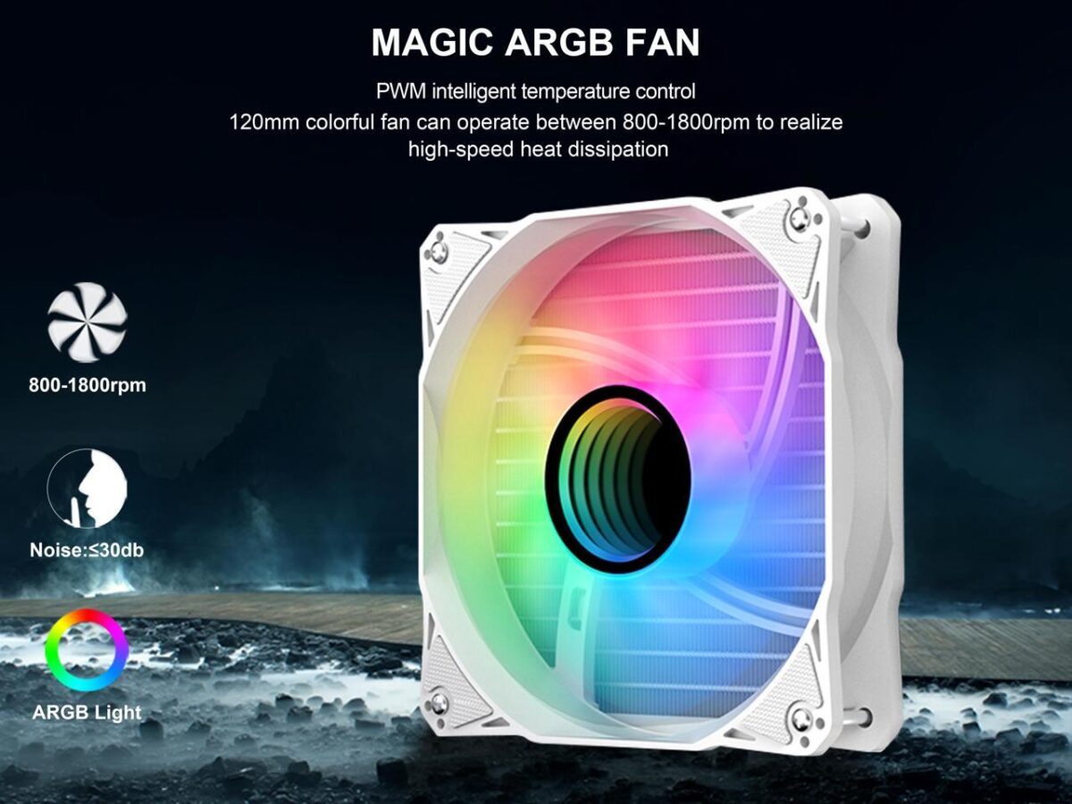 ⁦SAMA PS360 White AIO Liquid Cooler 360mm ARGB CPU Radiator with Infinity Mirror PWM Fans ARGB Effects Tube Water Cooler⁩ - الصورة ⁦3⁩