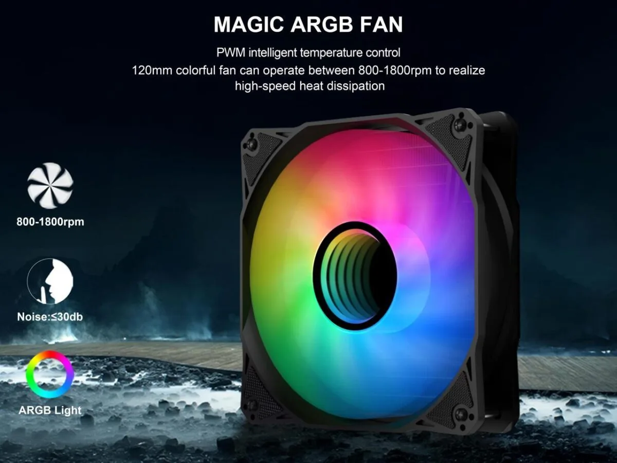 ⁦SAMA PS360 Black AIO Liquid Cooler 360mm ARGB CPU Radiator with Infinity Mirror PWM Fans ARGB Effects Tube Water Cooler⁩ - الصورة ⁦2⁩