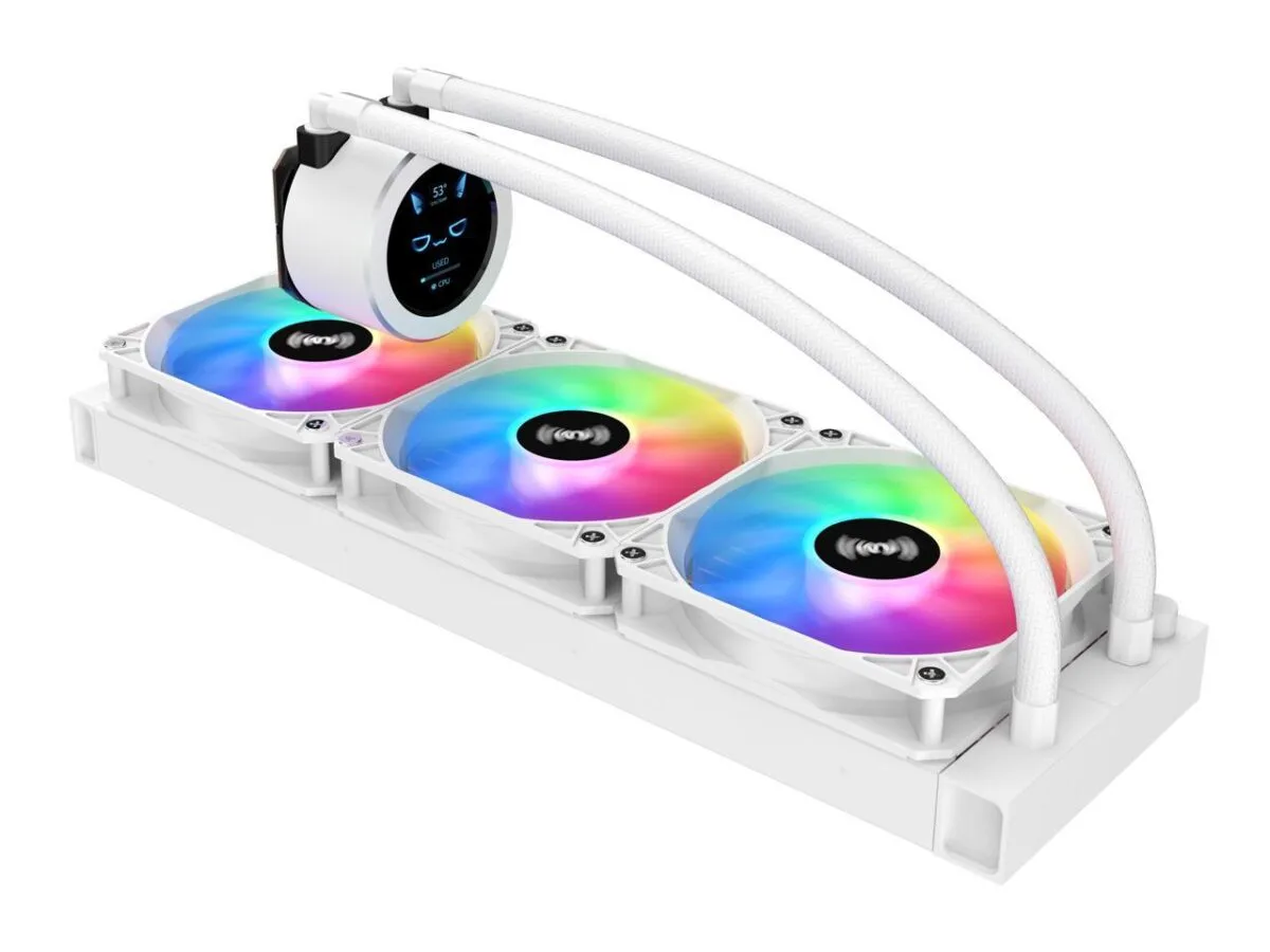 ⁦SAMA SM360 White liquid Cooler 360mm ARGB AIO Radiator LCD Video Temperature Display Screen⁩ - الصورة ⁦4⁩