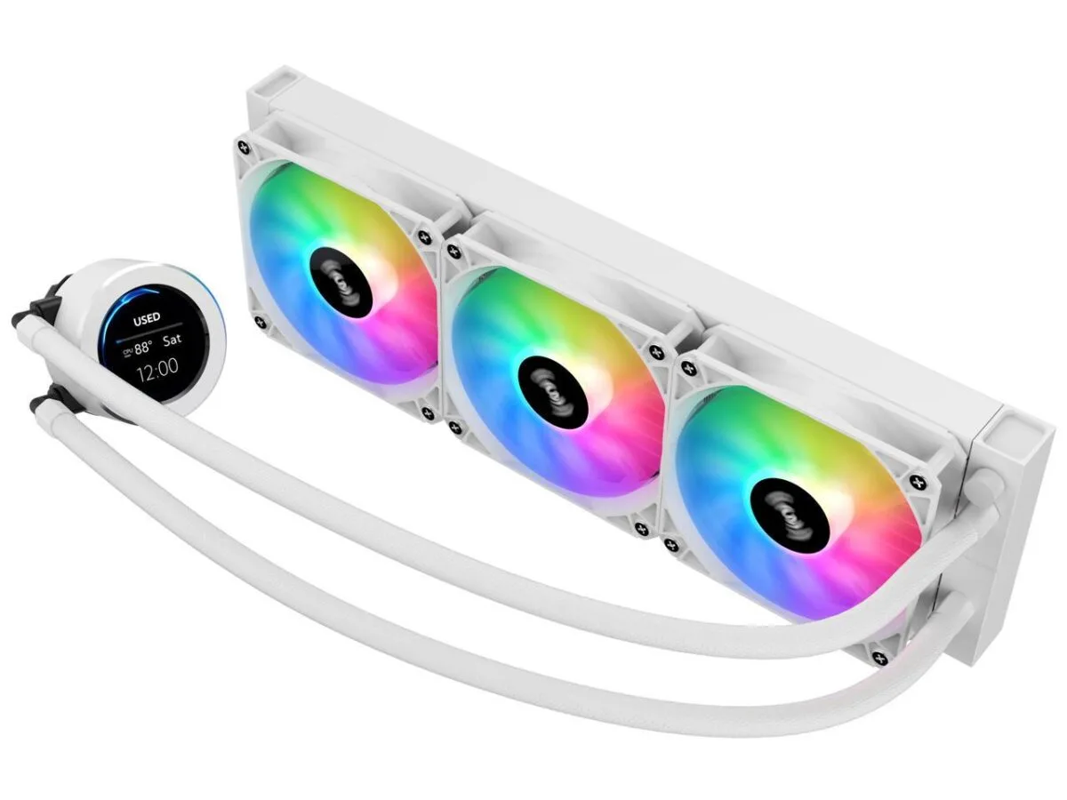 ⁦SAMA SM360 White liquid Cooler 360mm ARGB AIO Radiator LCD Video Temperature Display Screen⁩ - الصورة ⁦5⁩