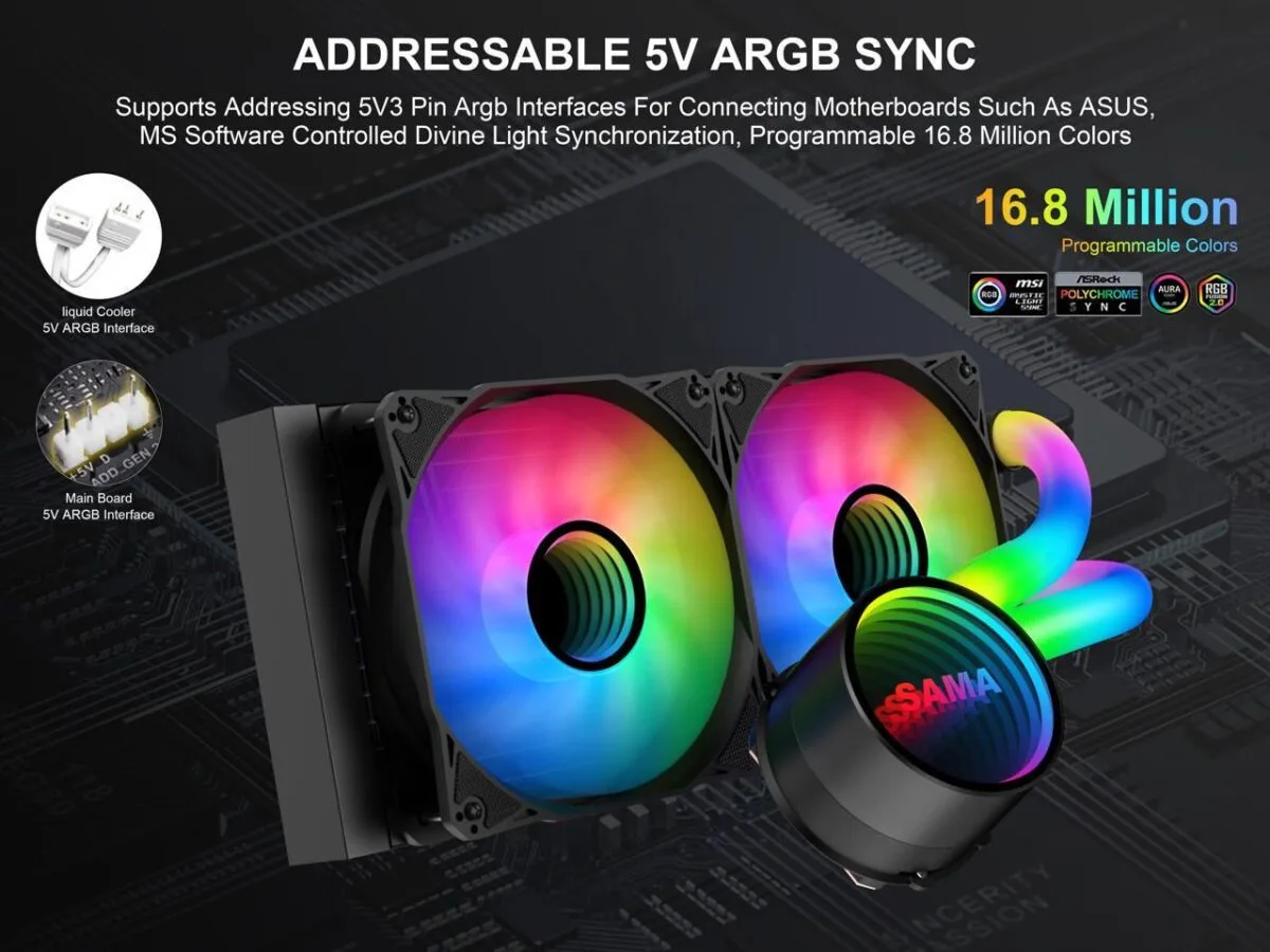 ⁦SAMA PS240 Black AlO Liquid Cooler 240mm ARGB CPU Radiator with nfinity Mirror PWM Fans ARGB Effects Tube Water Cooler⁩ - الصورة ⁦5⁩