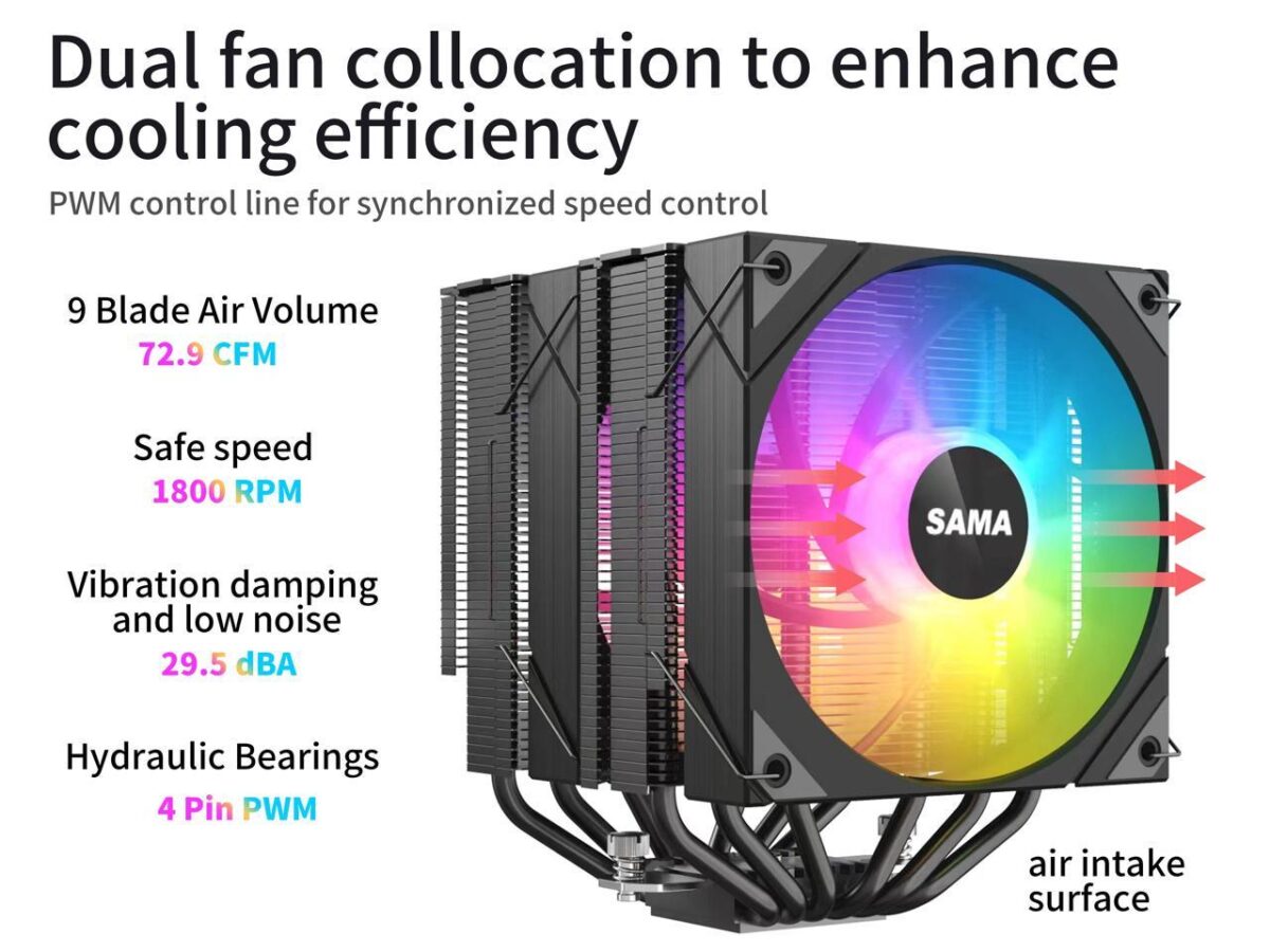 ⁦SAMA 6PDW ARGB Black CPU Air Cooler 120mm Cooling Fan⁩ - الصورة ⁦7⁩