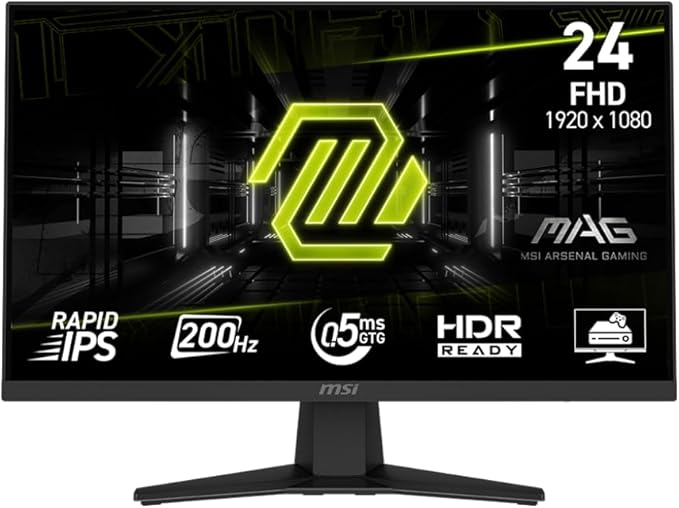 51QYAhDqwwL._AC_SX679_ MSI MAG 244F, 24" Gaming Monitor, 1920 x1080 (FHD), Rapid IPS, 200Hz, 0.5ms, FreeSync Premium, HDR Ready, AI Vision, HDMI, Displayport, Tilt, Black - الصورة 1
