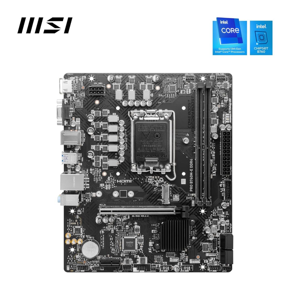 ⁦MSI PRO B760M-E DDR4 Motherboard, Micro-ATX - Supports Intel 14th, 13th & 12th Gen Core Processors, LGA 1700 - DDR4 Memory Boost 4800+MHz/OC, PCIe 4.0 x16 Slot, M.2 Gen4 Slot⁩ - الصورة ⁦3⁩