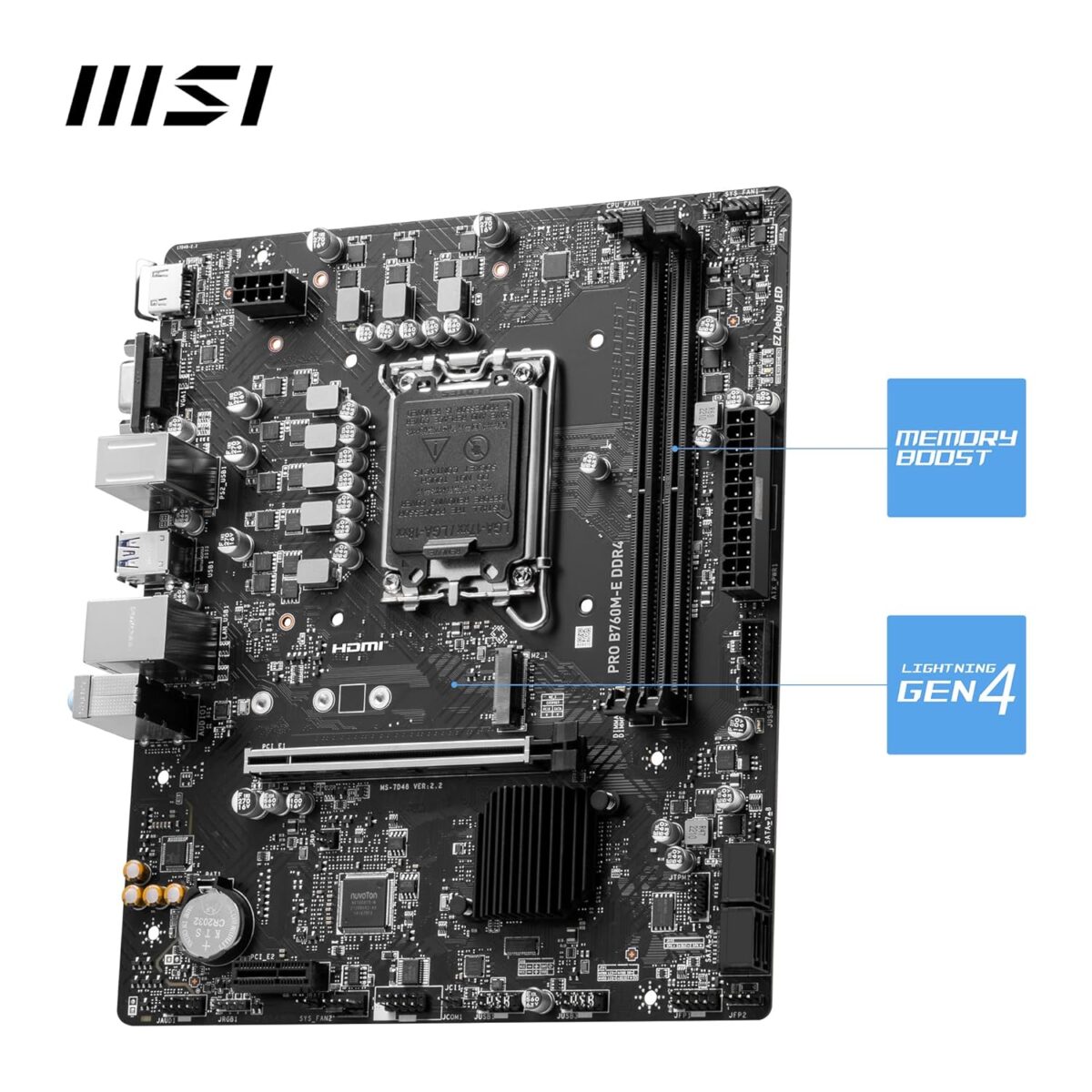 ⁦MSI PRO B760M-E DDR4 Motherboard, Micro-ATX - Supports Intel 14th, 13th & 12th Gen Core Processors, LGA 1700 - DDR4 Memory Boost 4800+MHz/OC, PCIe 4.0 x16 Slot, M.2 Gen4 Slot⁩ - الصورة ⁦4⁩