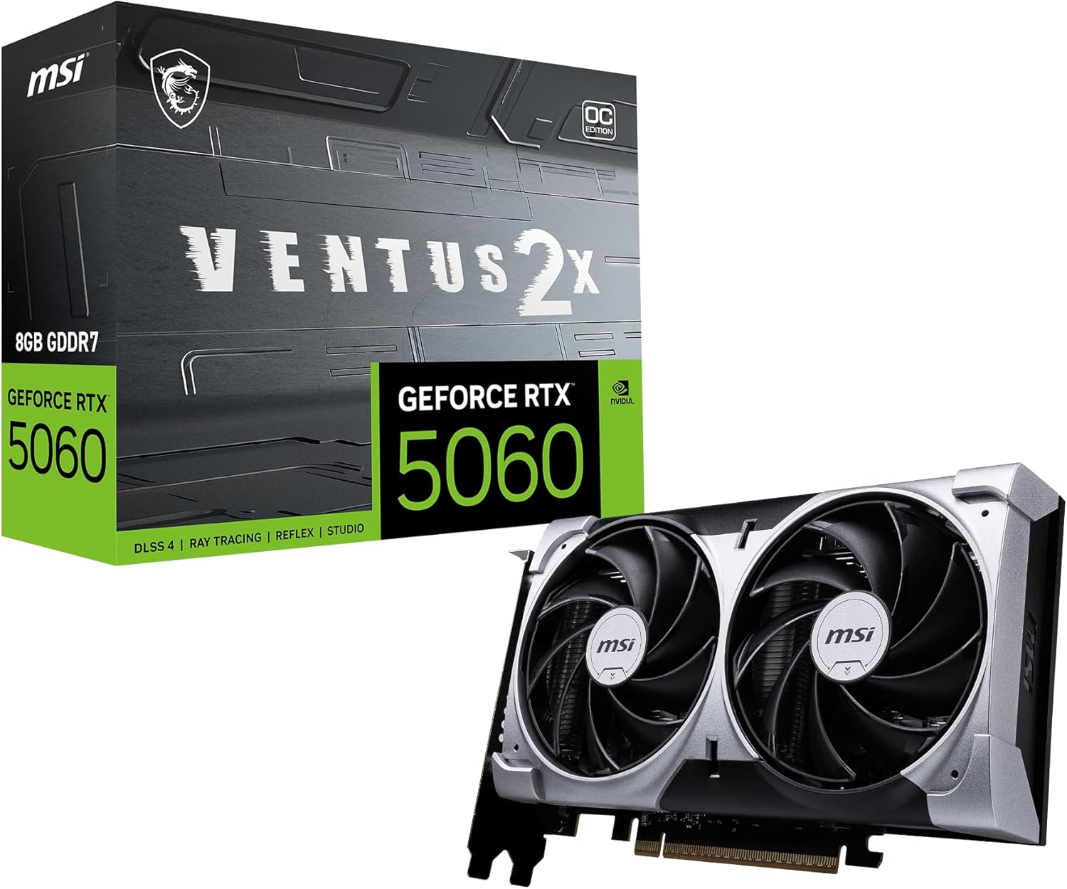 71O43VKe1BL._AC_SL1500_ MSI Gaming RTX 5060 8G Ventus 2X OC Graphics Card (8GB GDDR7,128-bit, Extreme Performance: 2535 MHz, DisplayPort x3 2.1a, HDMI 2.1b, NVIDIA Blackwell Architecture) - الصورة 1