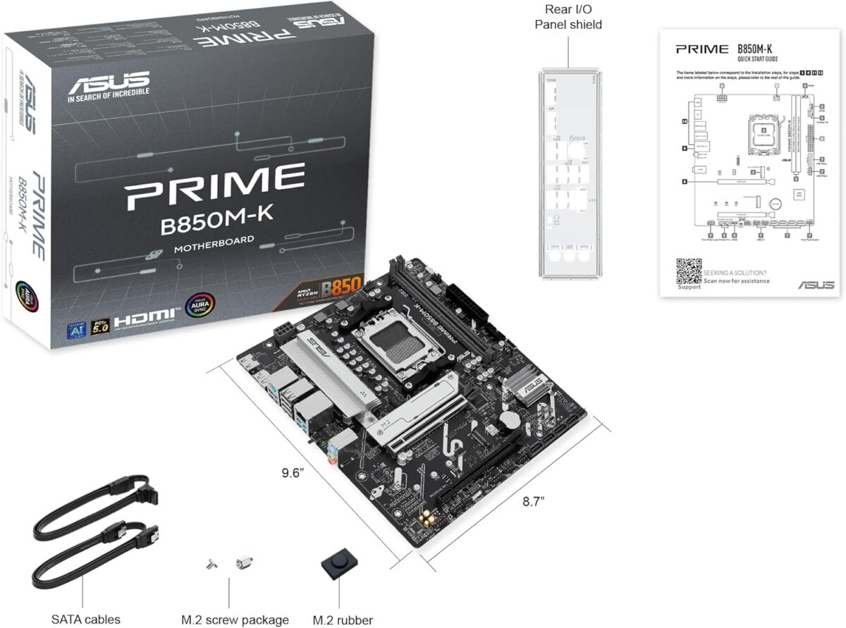 ⁦ASUS Prime B850M-K Gaming Motherboard Socket AMD AM5 (Ryzen 9000, DDR5 Memory, 2X M.2, PCIe 5.0, BIOS Flashback, Aura Sync)⁩ - الصورة ⁦3⁩