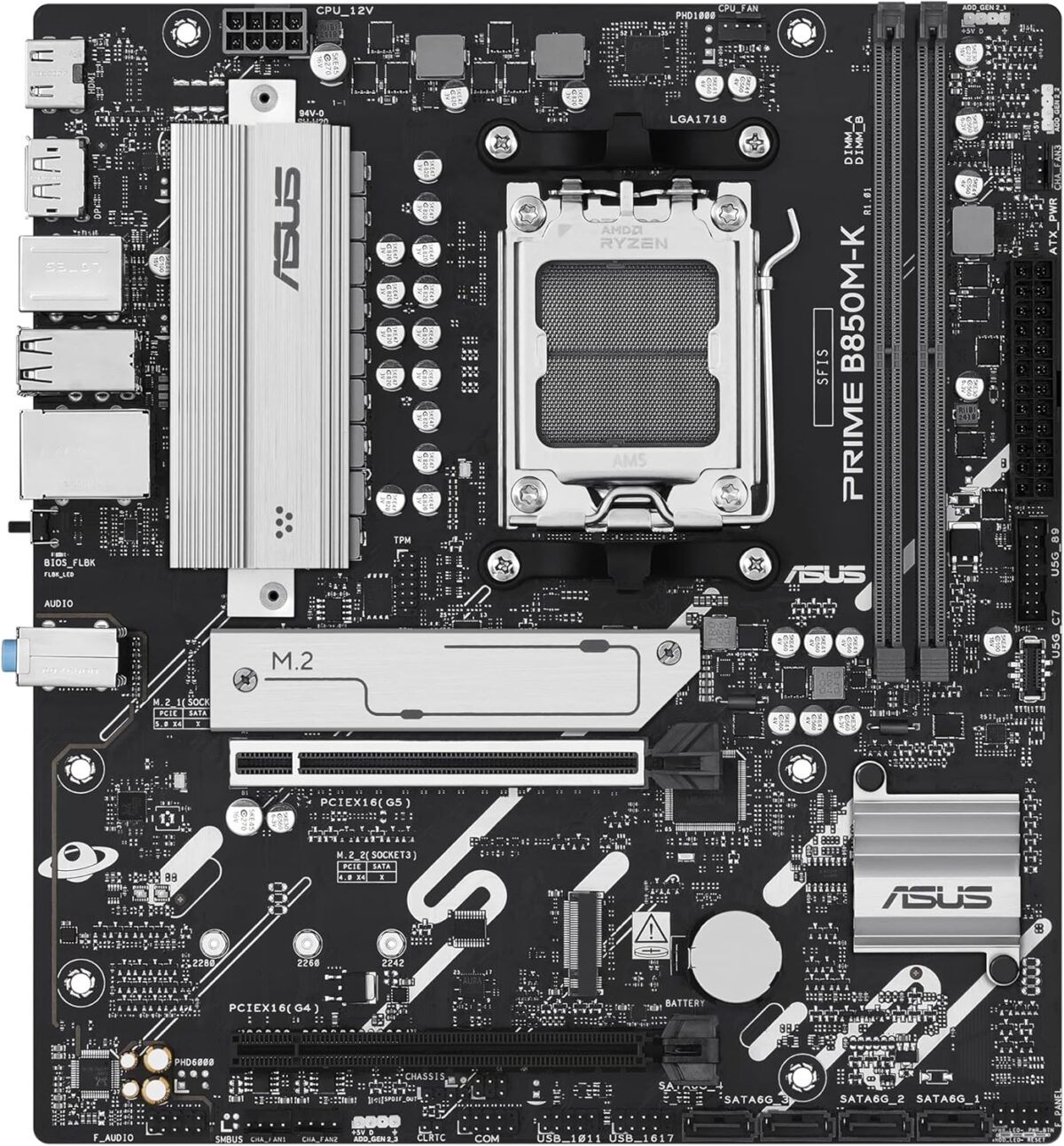 ⁦ASUS Prime B850M-K Gaming Motherboard Socket AMD AM5 (Ryzen 9000, DDR5 Memory, 2X M.2, PCIe 5.0, BIOS Flashback, Aura Sync)⁩ - الصورة ⁦8⁩