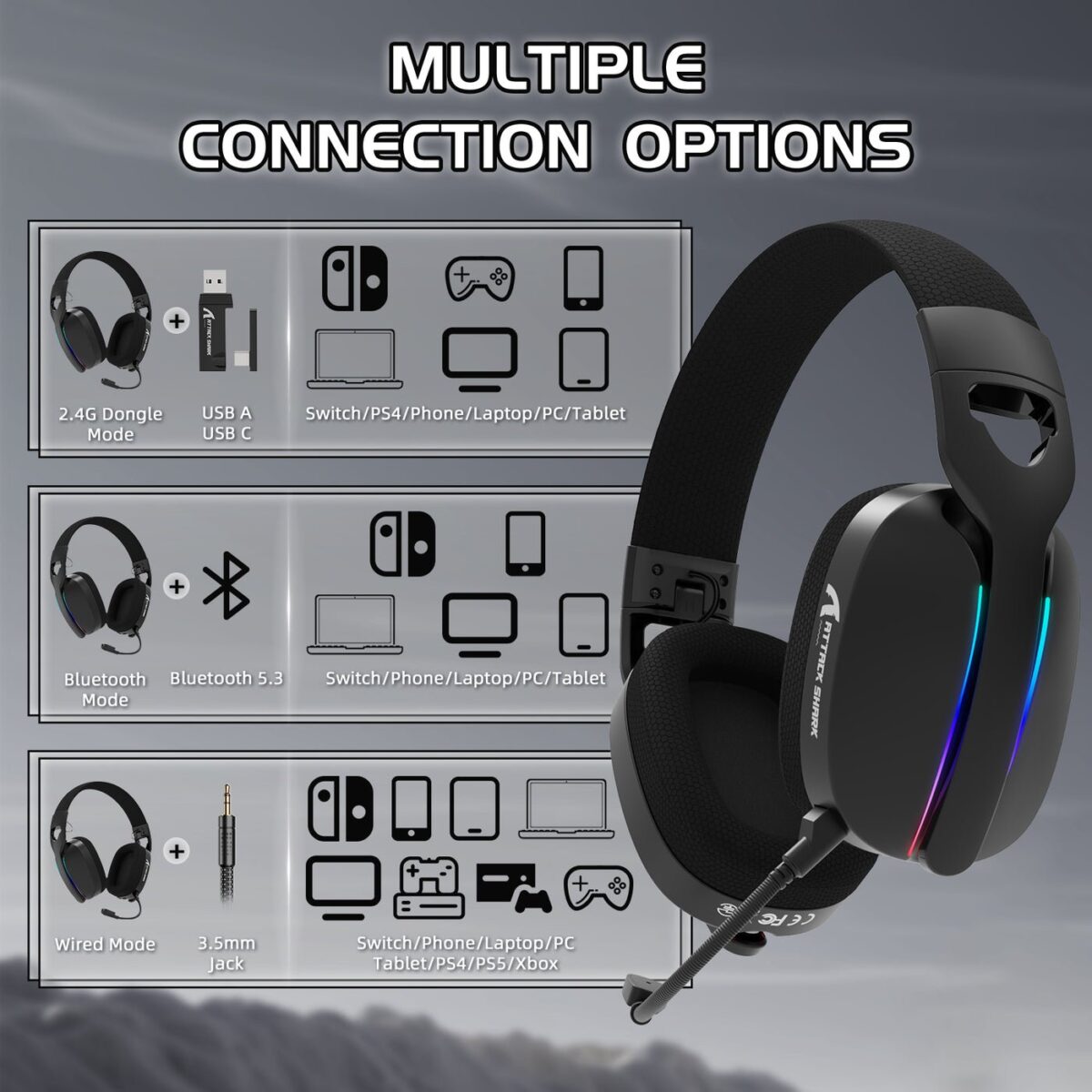 ⁦ATTACK SHARK L90 Foldable RGB Ultra-Light Tri-Mode Gaming Headset⁩ - الصورة ⁦2⁩