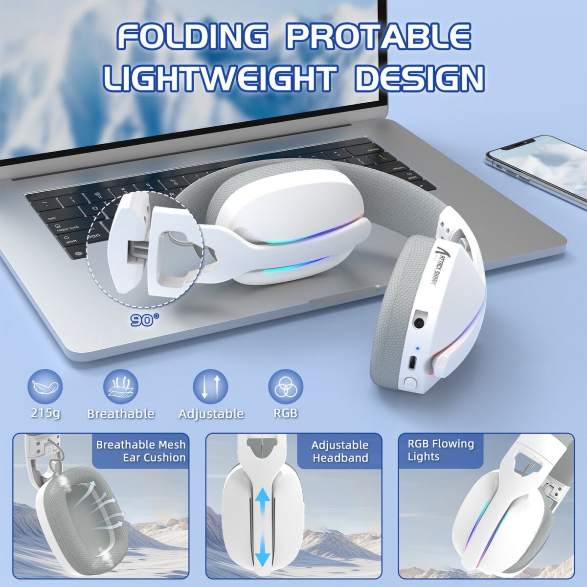⁦ATTACK SHARK L90 Foldable RGB Ultra-Light Tri-Mode Gaming Headset⁩ - الصورة ⁦4⁩
