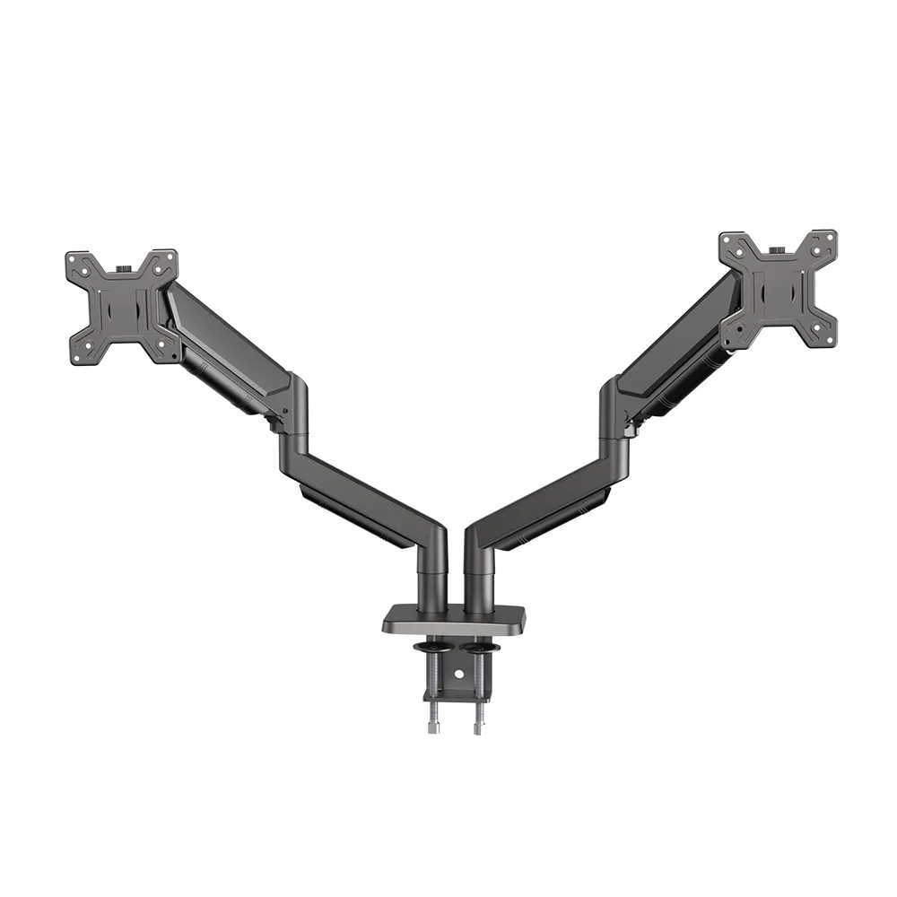 ستاند شاشة ثنائي Steel Aluminum Gas Spring Dual Monitor Arm Stand Height Adjustable 90 Tilt 360 Rotation 2-9kg Load Capacity VESA Mount Stock