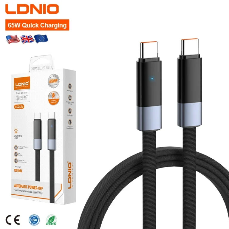 LDNIO LC241C 1M PD 65W 5A Fast Charging Cable – USB-C to USB-C for Android Phones & Laptops, High-Speed Data & Power Delivery