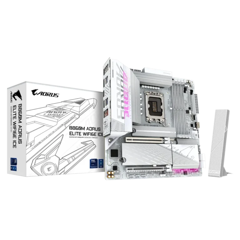 GIGABYTE B860M AORUS ELITE WIFI6E ICE mATX Motherboard – Intel B860, LGA 1851, DDR5, 3× M.2 (1× PCIe 5.0), Wi-Fi 6E, USB4 Type-C