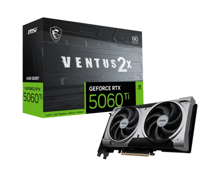 MSI GeForce RTX 5060 Ti 16 GB VENTUS 2X OC PLUS – NVIDIA Blackwell, 4608 CUDA Cores, 2617 MHz Boost, 28 Gbps GDDR7, PCIe 5.0, Dual-Fan Cooling