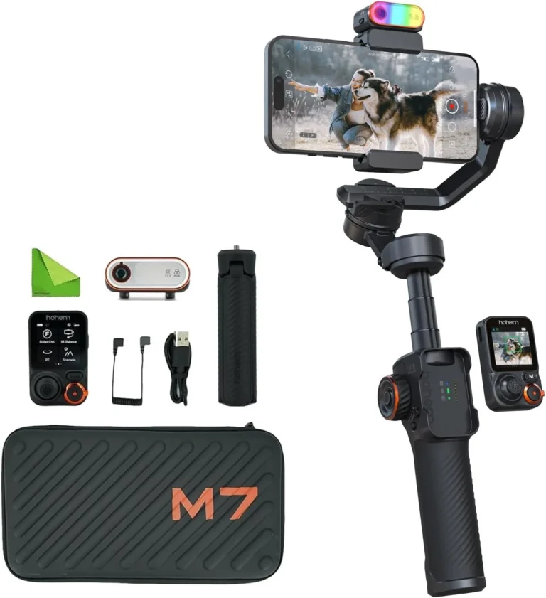 Hohem iSteady M7 AI-Tracking Smartphone Gimbal – 500 g Payload, Detachable 1.4″ Touchscreen Remote, RGB Fill Light, 12 h Battery, 360° Pan
