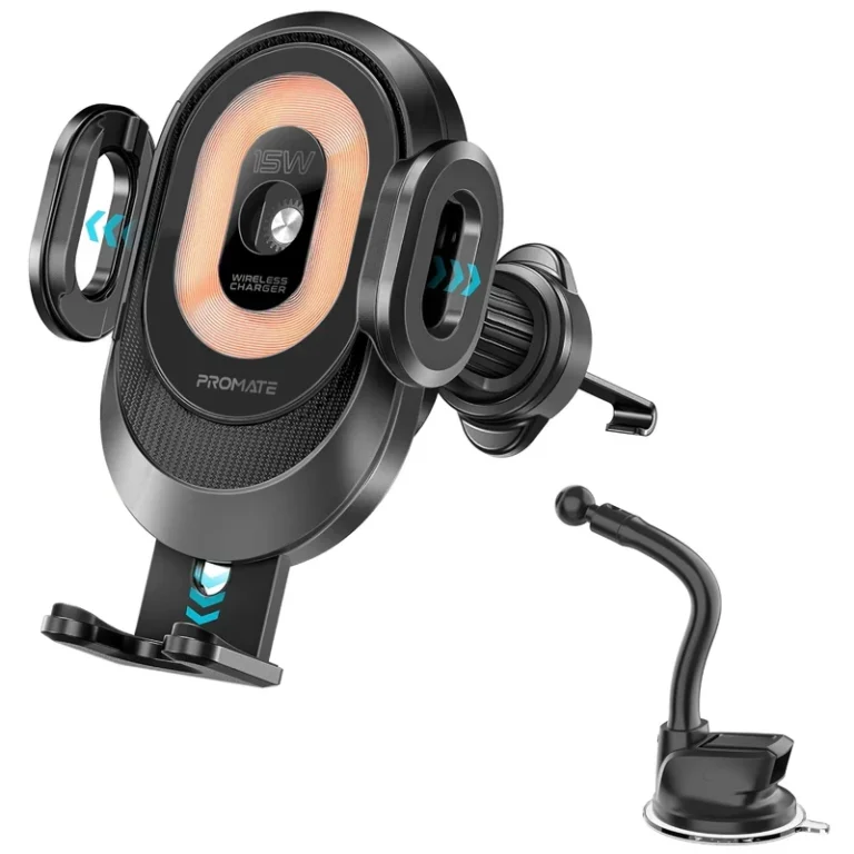 Promate PowerMount-2 15W Auto Clamping Car Wireless Charger – Transparent Design, Qi-Certified, Case-Friendly, Includes Air Vent & Gooseneck Mounts