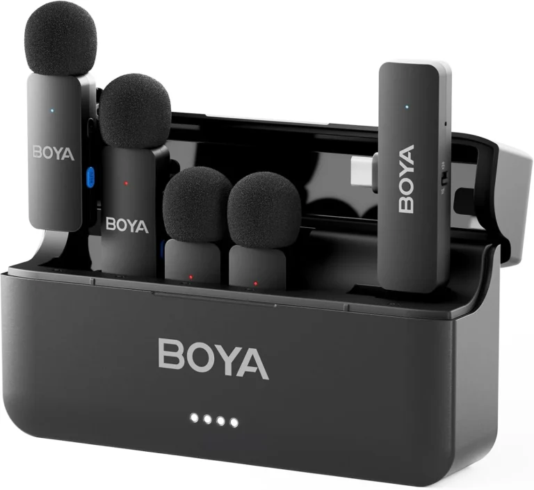 BOYA BY-V4U 4-Channel Wireless Lavalier Microphone System , 4 Transmitters + USB-C Receiver | 200m Range | One-Click Noise Cancellation | 48kHz/16-bit Audio , 18H Battery with Charging Case , for USB-C Android & iPhone 15/16/17 – Black