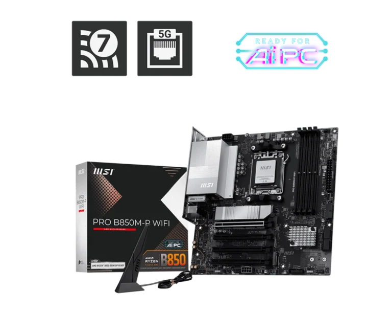 MSI PRO B850M-P WIFI Micro-ATX Motherboard – AM5, DDR5‑8200+ OC, PCIe 5.0 x16, 3× M.2 (1× Gen5), 5 GbE LAN, Wi‑Fi 7, USB4, HDMI 2.1