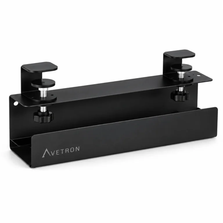AVETRON CM11 Under-Desk Cable Management Tray – 600×100×178mm – 5kg Capacity – Steel Construction – No-Drill Clamp Installation