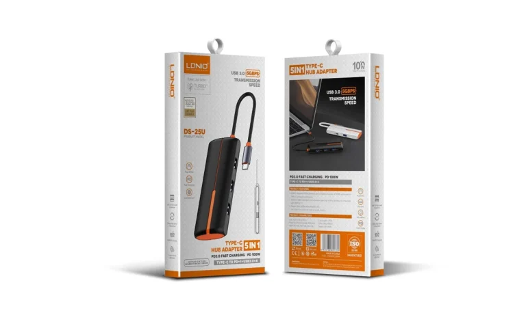 LDNIO DS-25U 5-in-1 USB-C Hub Adapter with 3× USB 3.0 Ports, USB-C PD 100W Fast Charging, High-Speed Data Transfer Type-C Docking Station for Laptop, MacBook, Tablet & USB-C Devices