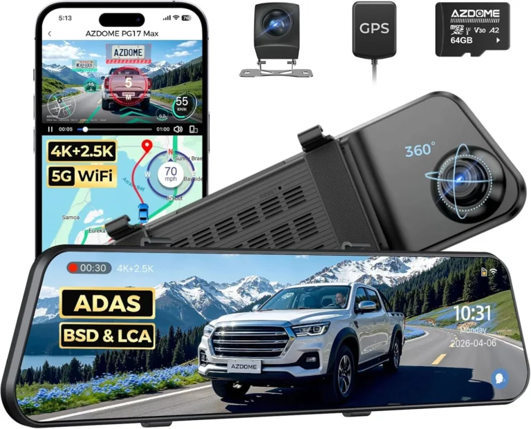 AZDOME 12" 4K + 2.5K Rearview Mirror Dash Cam, ADAS, License Plate Recognition, BSD & LCA Alerts, Voice Control, 5.8GHz Wi-Fi, 64GB Card Included