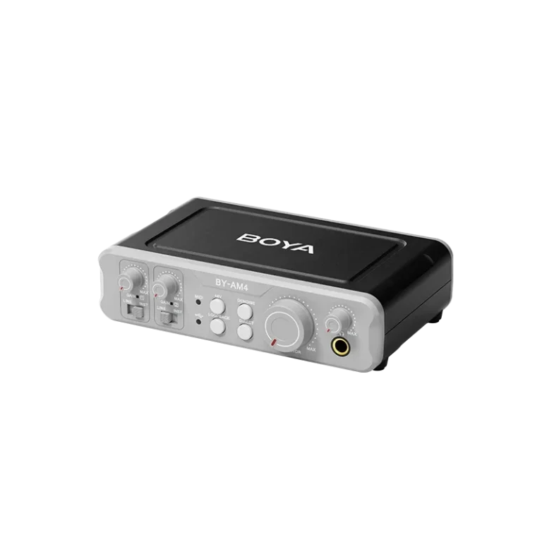 BOYA BY‑AM4 Dual‑Channel Audio Interface – USB‑C, XLR & TRS Inputs, 48V Phantom Power, Real-Time Monitoring & Noise Cancellation