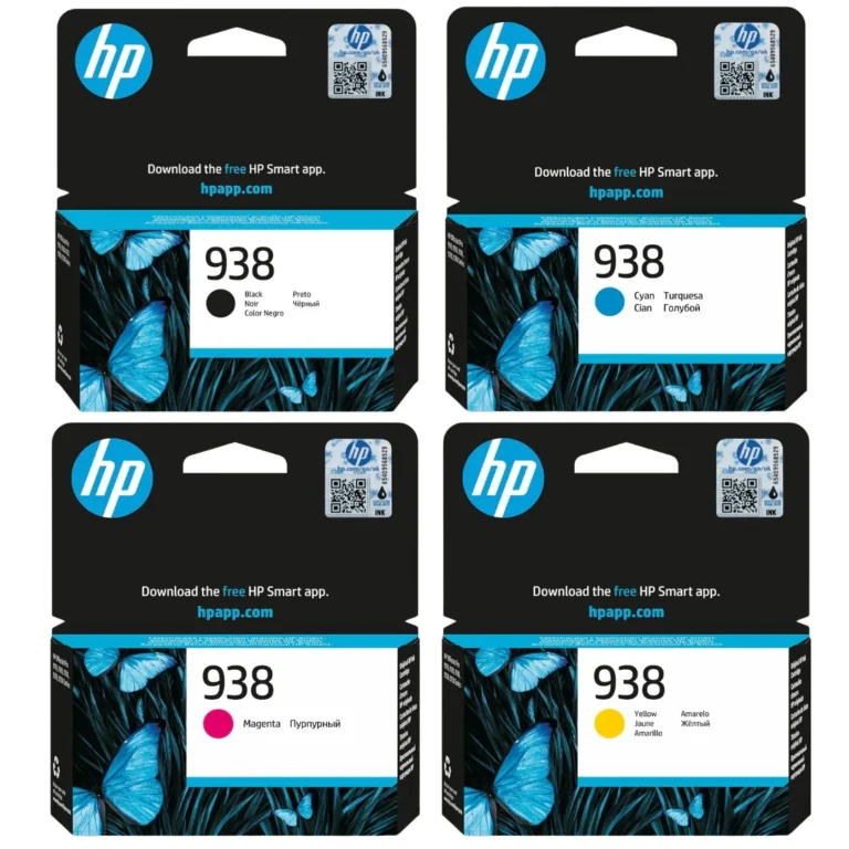 HP 938 Original Ink Set (Black + Cyan + Magenta + Yellow) – Approx. 1,250 B/W / 1,000–1,300 Color Pages – Sold as a Set of Four Cartridges