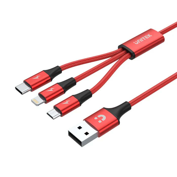 UNITEK 3-in-1 Charging Cable, USB-C + Lightning + Micro USB, Fast Charging 3A, Nylon Braided, 1.2m