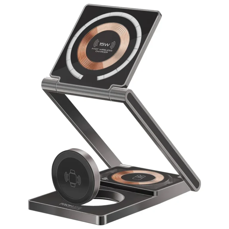 Promate LucidFold-Trio Ultra-Slim Transparent Foldable 15W MagSafe Compatible Wireless Charging Station