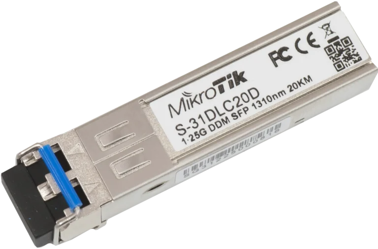 MikroTik S-31DLC20D SFP Transceiver Module, 1.25G, 1310nm Dual LC, 20km Single Mode Fiber, DDMI, Compatible with MikroTik SFP Ports