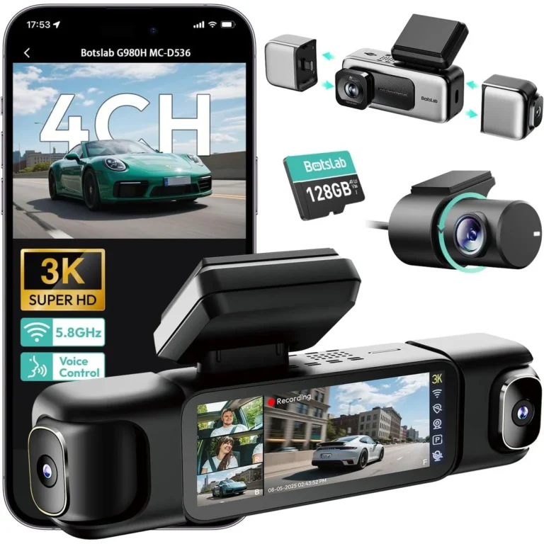 BOTSLAB G980H 4-Channel Dash Cam, 3K Front + 1080P Rear & Side Cameras, 360° Coverage, GPS, WiFi, Night Vision & 3.18" Touchscreen