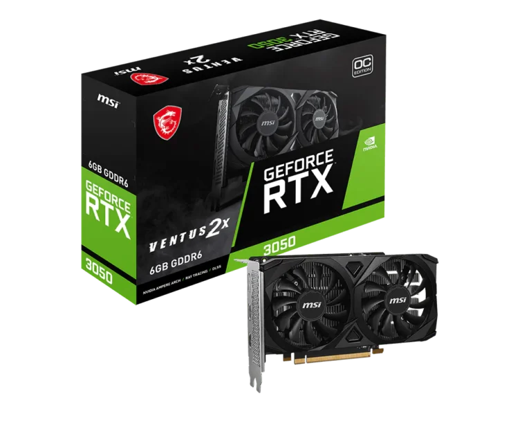 MSI GeForce RTX 3050 VENTUS 2X E 6G OC Graphics Card – NVIDIA RTX 3050, 6GB GDDR6, PCIe 4.0 x8, Dual Fan Cooling, HDMI 2.1, DisplayPort, 4K Support, Ampere Architecture