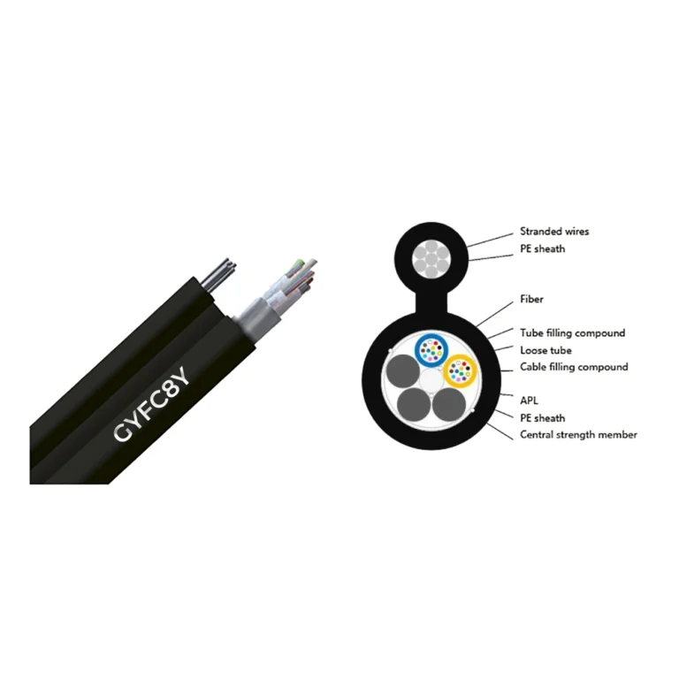 FiberHome 24 Core Figur.8 Optical Cable – G.652D, Black HDPE Sheath, Steel Messenger Wire, PE/GFRP Reinforcement, 5000N Tensile Strength - 4KM