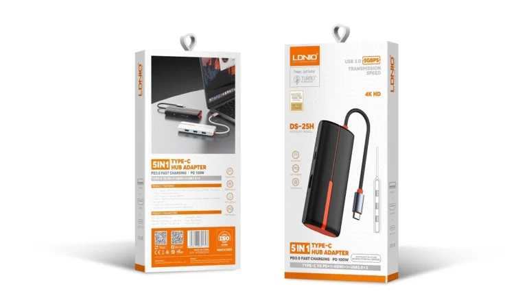 LDNIO DS-25H 5-in-1 USB-C Hub Adapter with 4K HDMI, 100W PD Fast Charging, 3×USB 3.0 Ports, Type-C Docking Station for Laptop, MacBook, Tablet & USB-C Devices