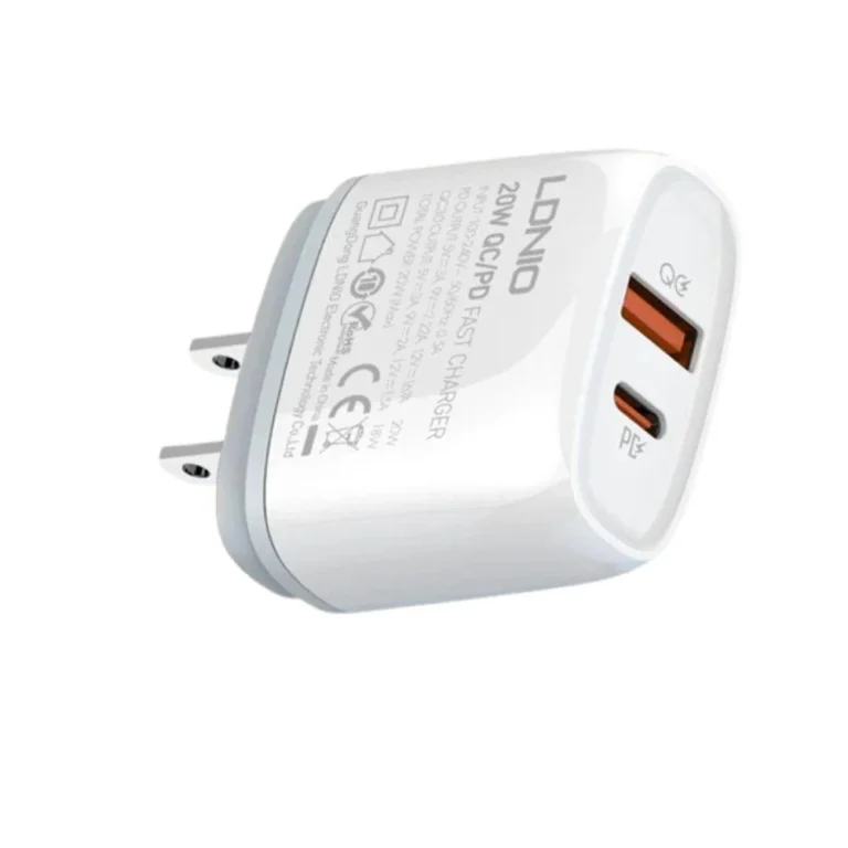 LDNIO Q229 20W PD + QC3.0 Fast Charger – USB-C & USB-A Dual Port, 100-240V Travel Plug, Fireproof Shell