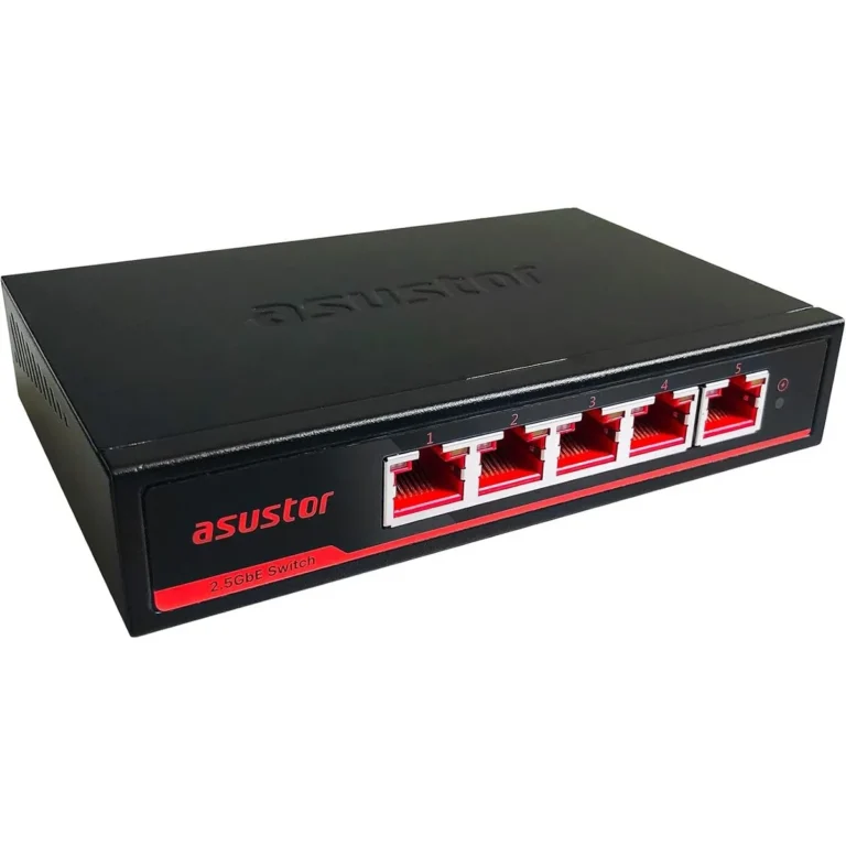 ASUSTOR ASW205T 5‑Port 2.5 GbE Unmanaged Switch, Fanless Metal Case, 10 W, Wall/Desktop Mount, Cat5e Compatible