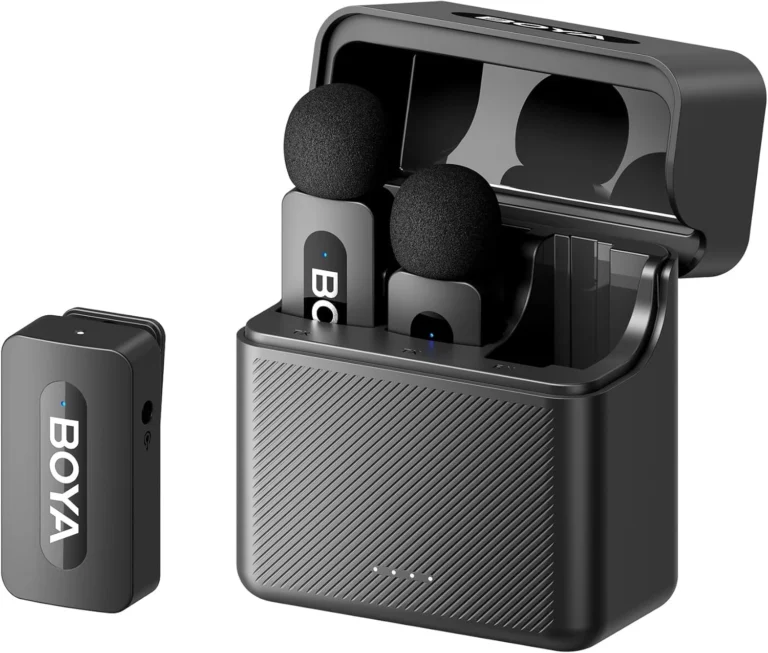 BOYA BY-V35 Dual-Channel Wireless Lavalier Microphone System , 2.4GHz Wireless , 2 Transmitters + 1 Receiver , Omnidirectional Mic , 3.5mm TRS Output , Charging Case , for Cameras & Camcorders – Black