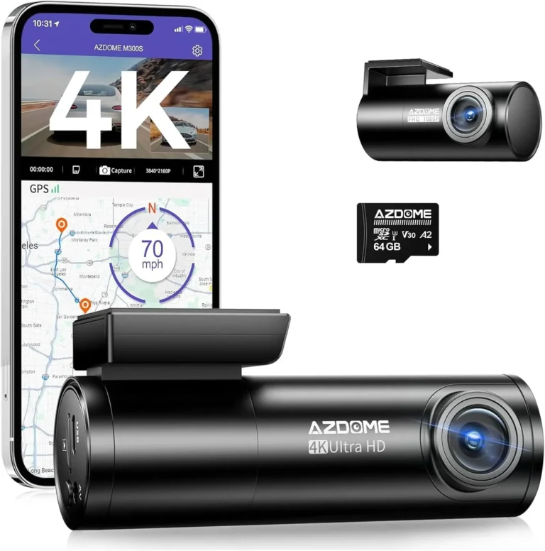 AZDOME M300S 4K Dash Cam Front and Rear – 5.8G WiFi, GPS, 170° Wide Angle, 64GB SD Card Included, Voice Control, Night Vision, G-Sensor, 24H Parking Monitor, Supports up to 256GB
