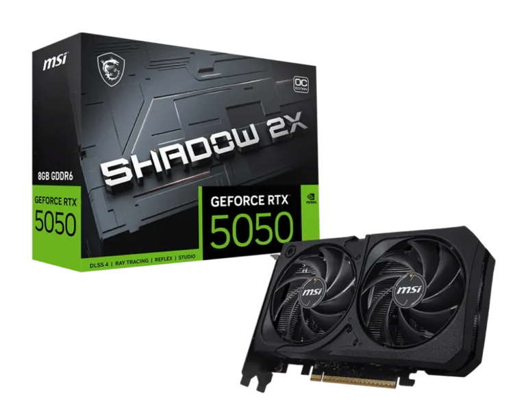 MSI GeForce RTX 5050 8G SHADOW 2X OC – 2560 CUDA Cores, 20 Gbps GDDR6, Boost 2617 MHz, Dual-Fan, PCIe 5.0, 130 W