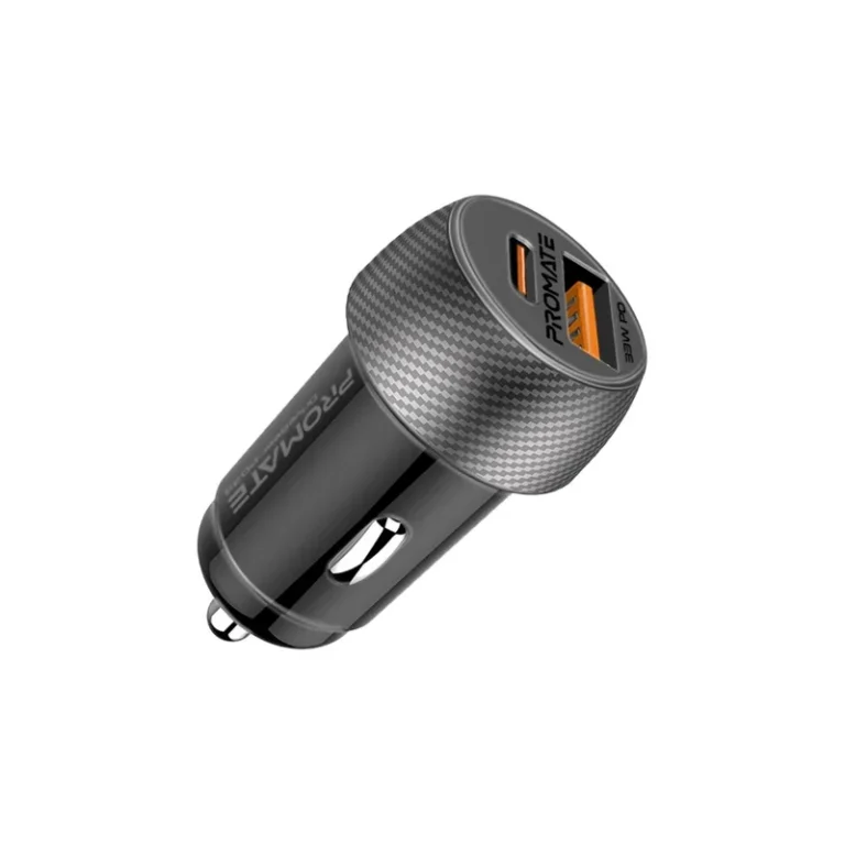 Promate DriveGear-PD33 33W Dual-Port Car Charger – USB-C PD + USB-A QC3.0, 12-24 V Input
